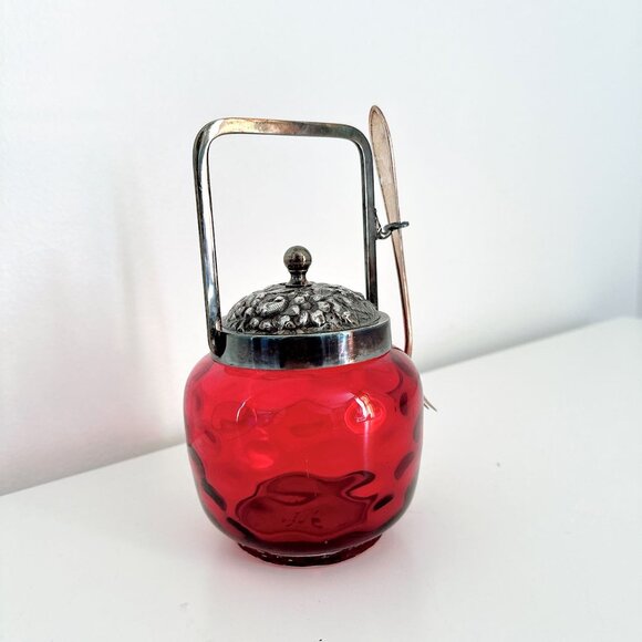 INVERTED CRANBERRY COIN DOT GLASS BISCUIT JAR WITH HANDLE AND FORK - Picture 3 of 9